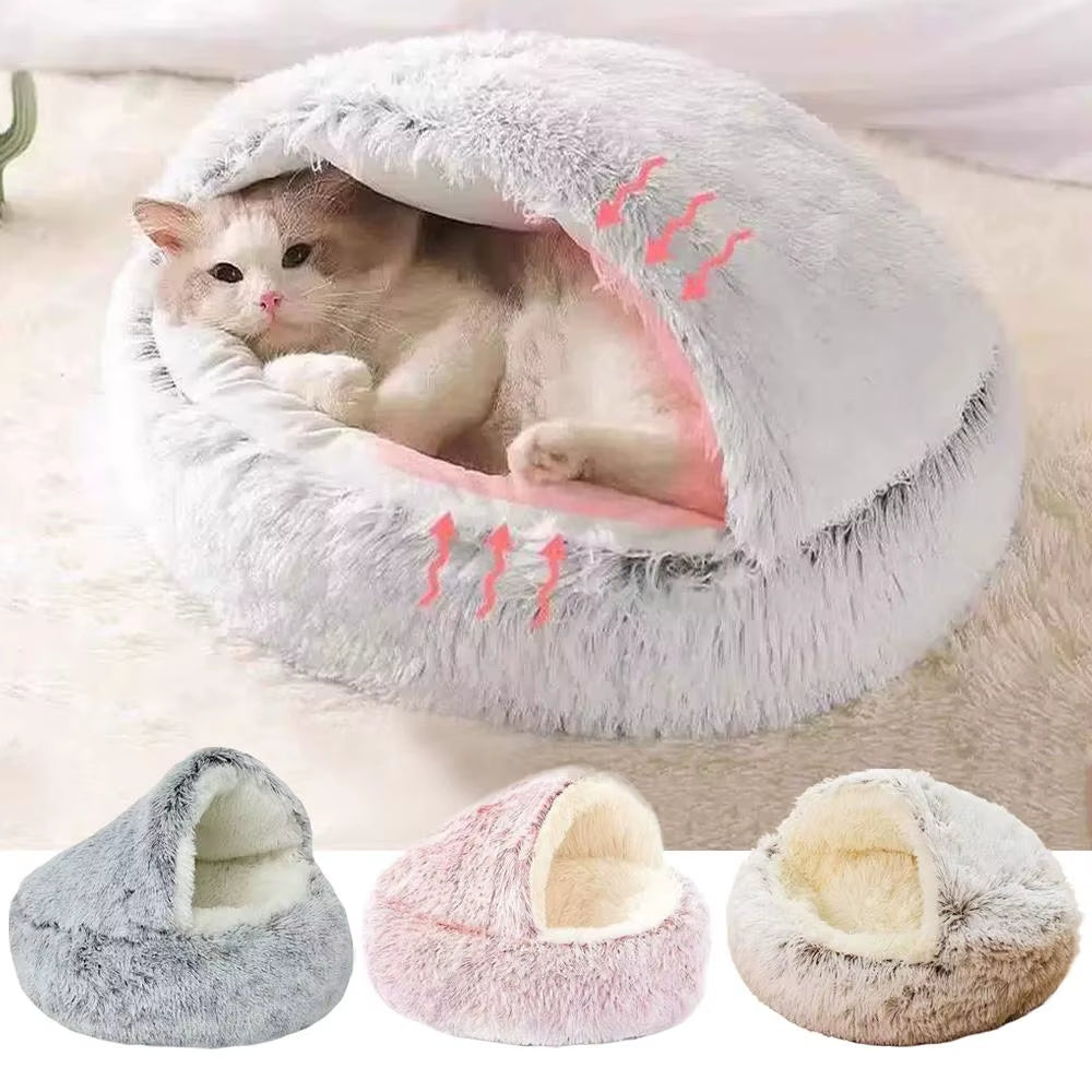 Snooze Cat Bed round Plush Fluffy Hooded Cozy Cat Bed Cave for Indoor Donut Self Warming Small Dog Bed Anti-Anxiety Puppy Kennel