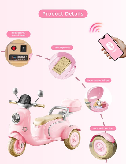 HEIMILI Electric Kids Motorcycle with Storage,Electric Scooter for 3 Year Old,3-Wheel 12V Ride on Scooter for Kids, Motorcycle for Girls, Ideal Moped for Girls Ages 3-6