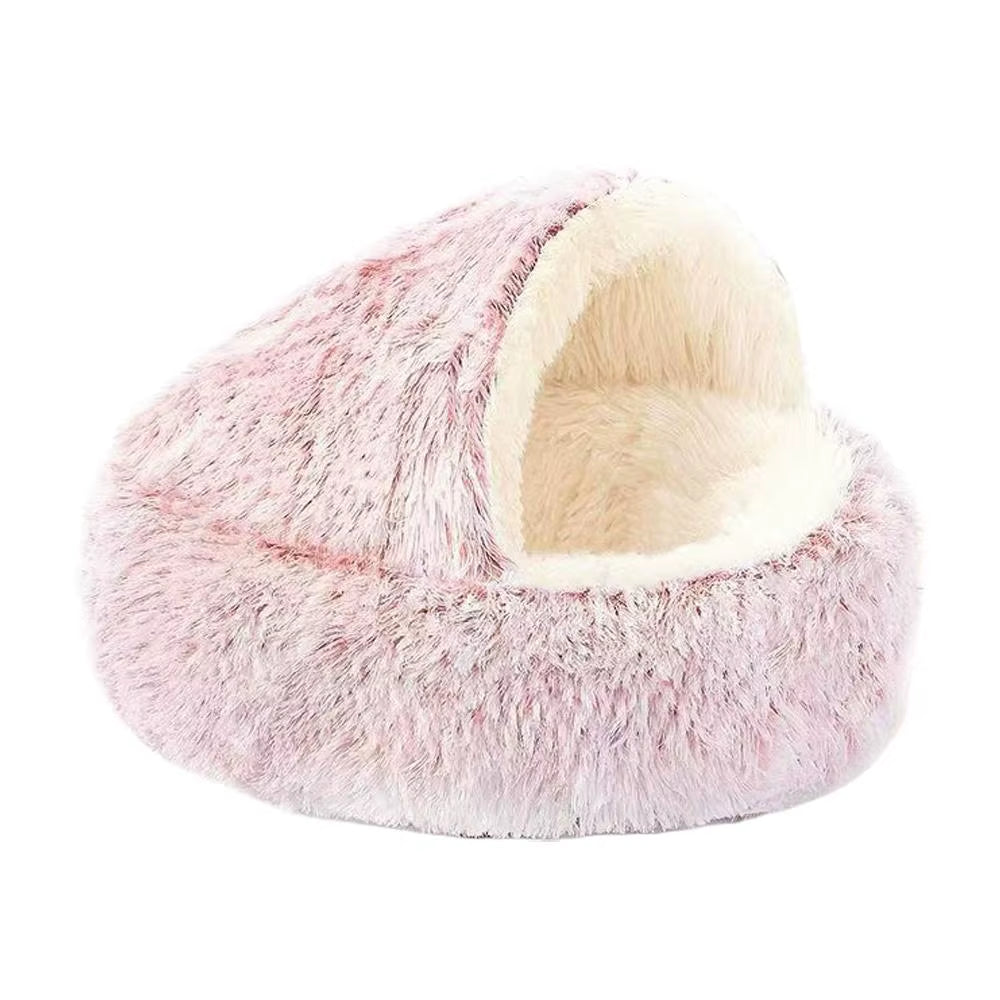 Snooze Cat Bed round Plush Fluffy Hooded Cozy Cat Bed Cave for Indoor Donut Self Warming Small Dog Bed Anti-Anxiety Puppy Kennel