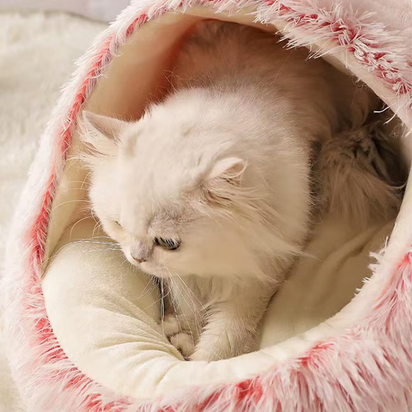 Snooze Cat Bed round Plush Fluffy Hooded Cozy Cat Bed Cave for Indoor Donut Self Warming Small Dog Bed Anti-Anxiety Puppy Kennel