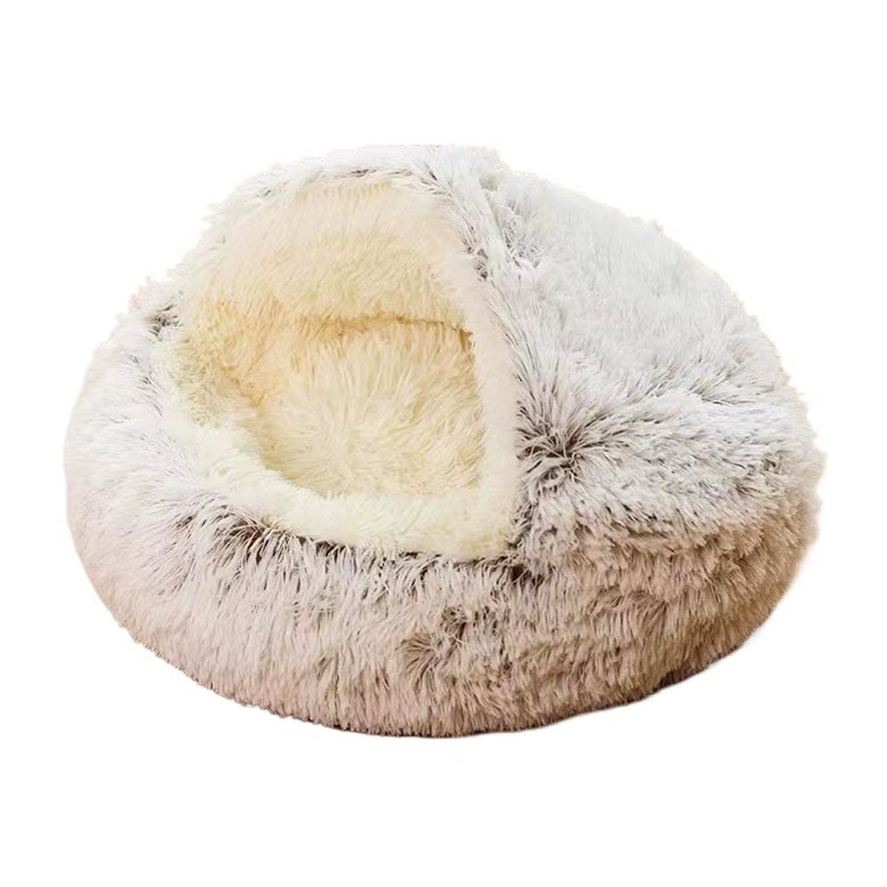 Snooze Cat Bed round Plush Fluffy Hooded Cozy Cat Bed Cave for Indoor Donut Self Warming Small Dog Bed Anti-Anxiety Puppy Kennel