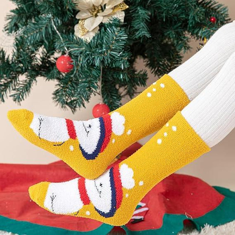 Christmas Stocking Soft Coral Fleece Women'S Socks Cute Cartoon Santa & Reindeer Print for Holiday Cheer Everyday Wear Breathable Cotton Fit Love
